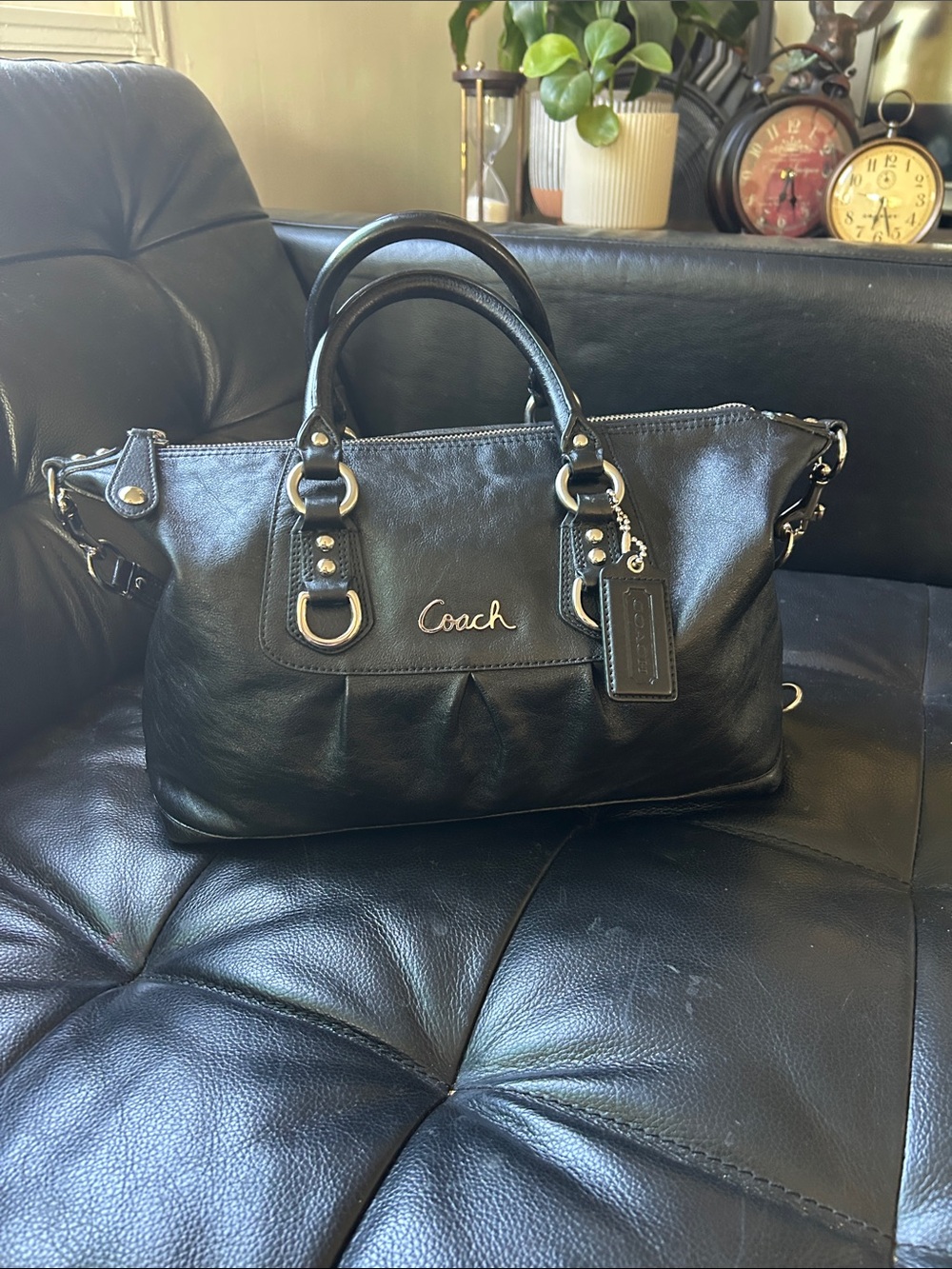 Coach Black Leather Satchel with Silver Hardware